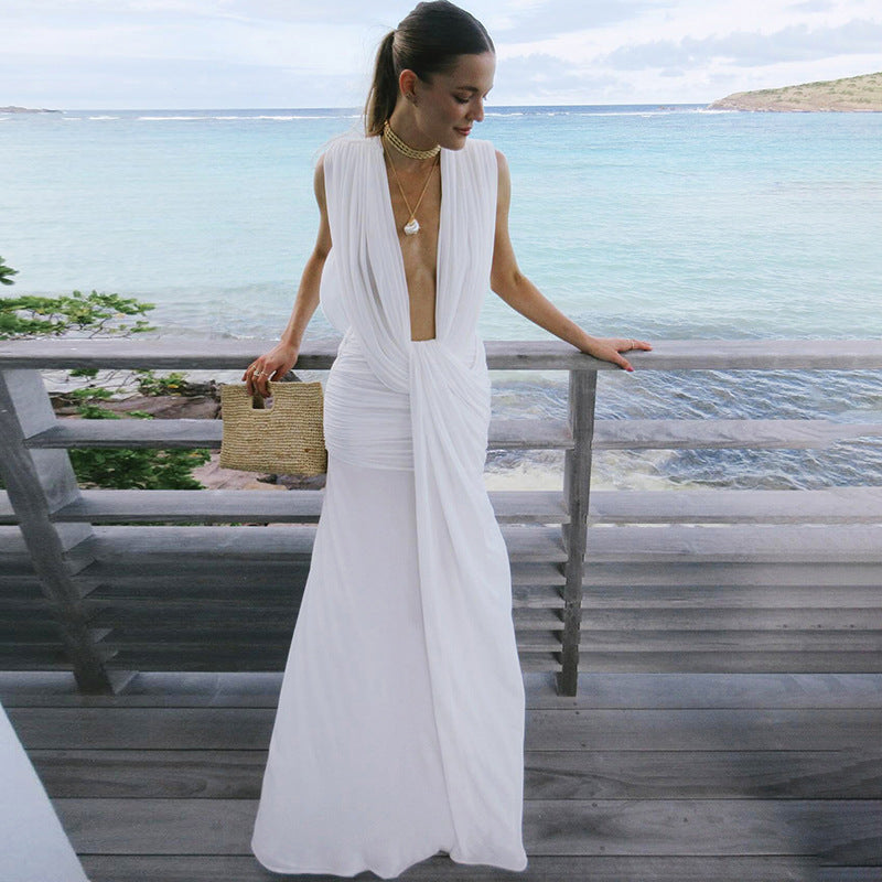 Summer Women Clothing Sexy Deep V Plunge neck High Waist Sheath Solid Color Dress Women Bella Mia